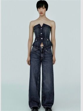 ZARA NEW WOMAN strapless TRF DENIM TOP NAVY BLUE Chest About 28”